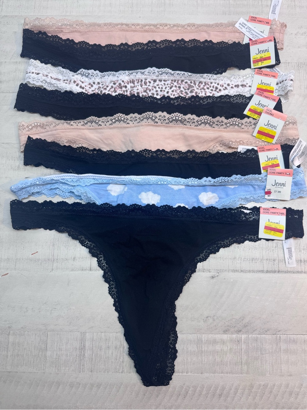 Jenni pack of 8 Women's Assorted Lace Trim Thongs Black tan blue size xxxl